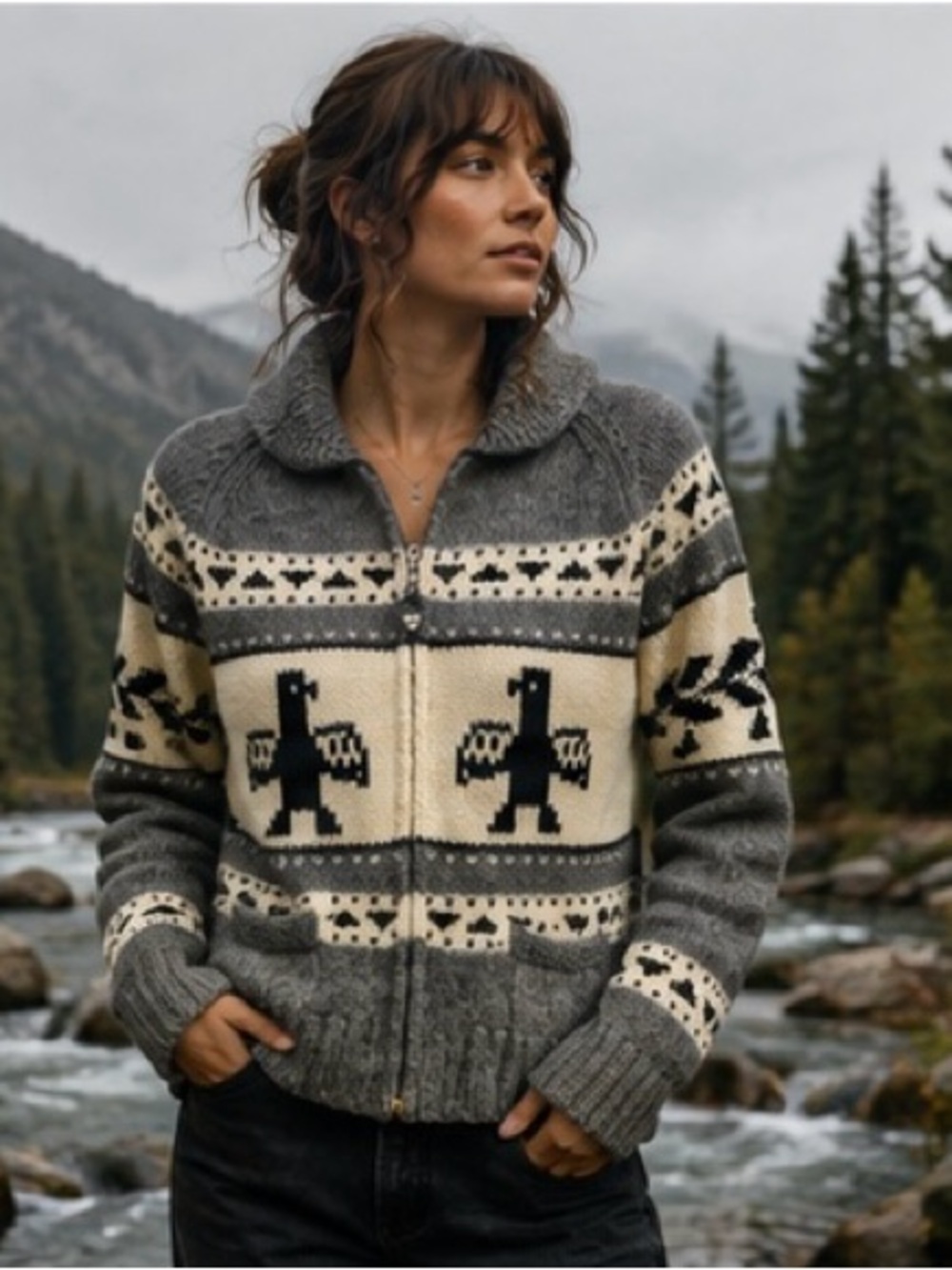 TNA Lambswool Cowichan Style Thunderbird Intarsia Zip Sweater Gray Large